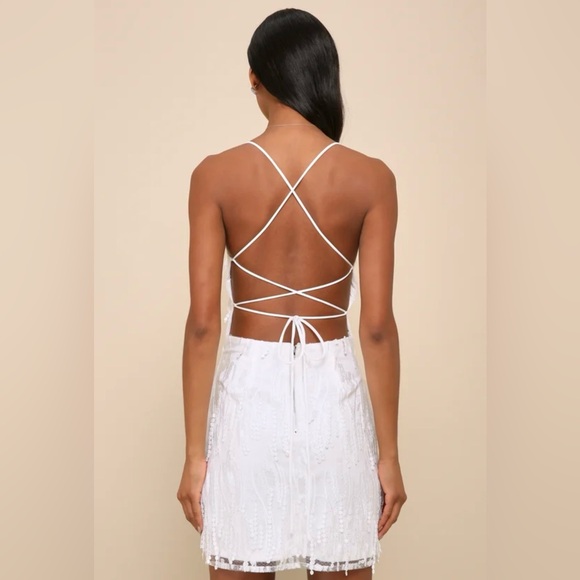Lulu’s Making Magic White Fringe Lace-Up Mini Dress - Picture 4 of 5
